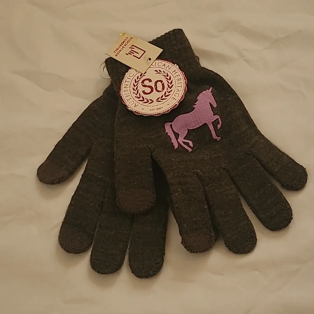 Heritage Kids' Dark Gray Mittens with Pink Horse